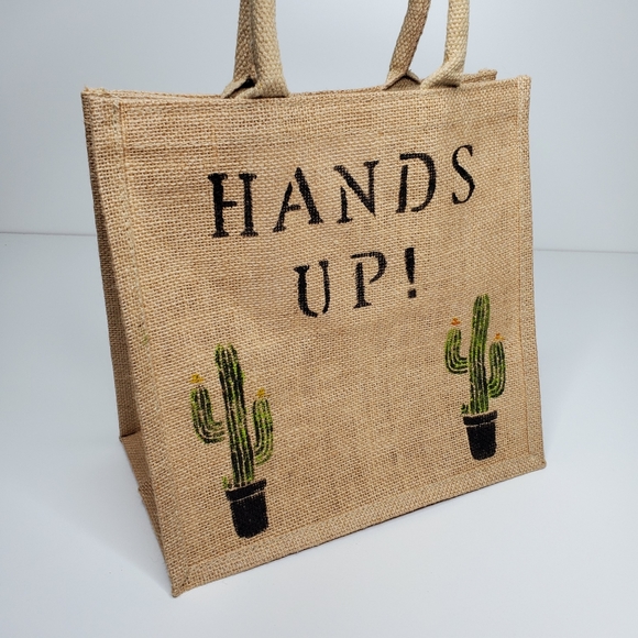 Vintage Handbags - Cactus 'Hands Up' Reusable Tote Bag Tan Burlap